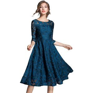 XINUO Women Blue Lace Midi Bridesmade Dress Size 2
